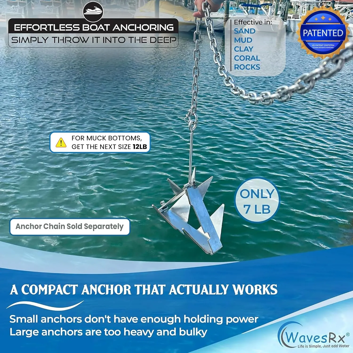 TriAnchor - Stainless Steel Folding PWC & Boat Anchor Kit | Sets Instantly for Effortless Boat & Jet Ski Anchoring | Compact Patent-Pending Design Grips Better Than Plow, Fluke or Box Anchor