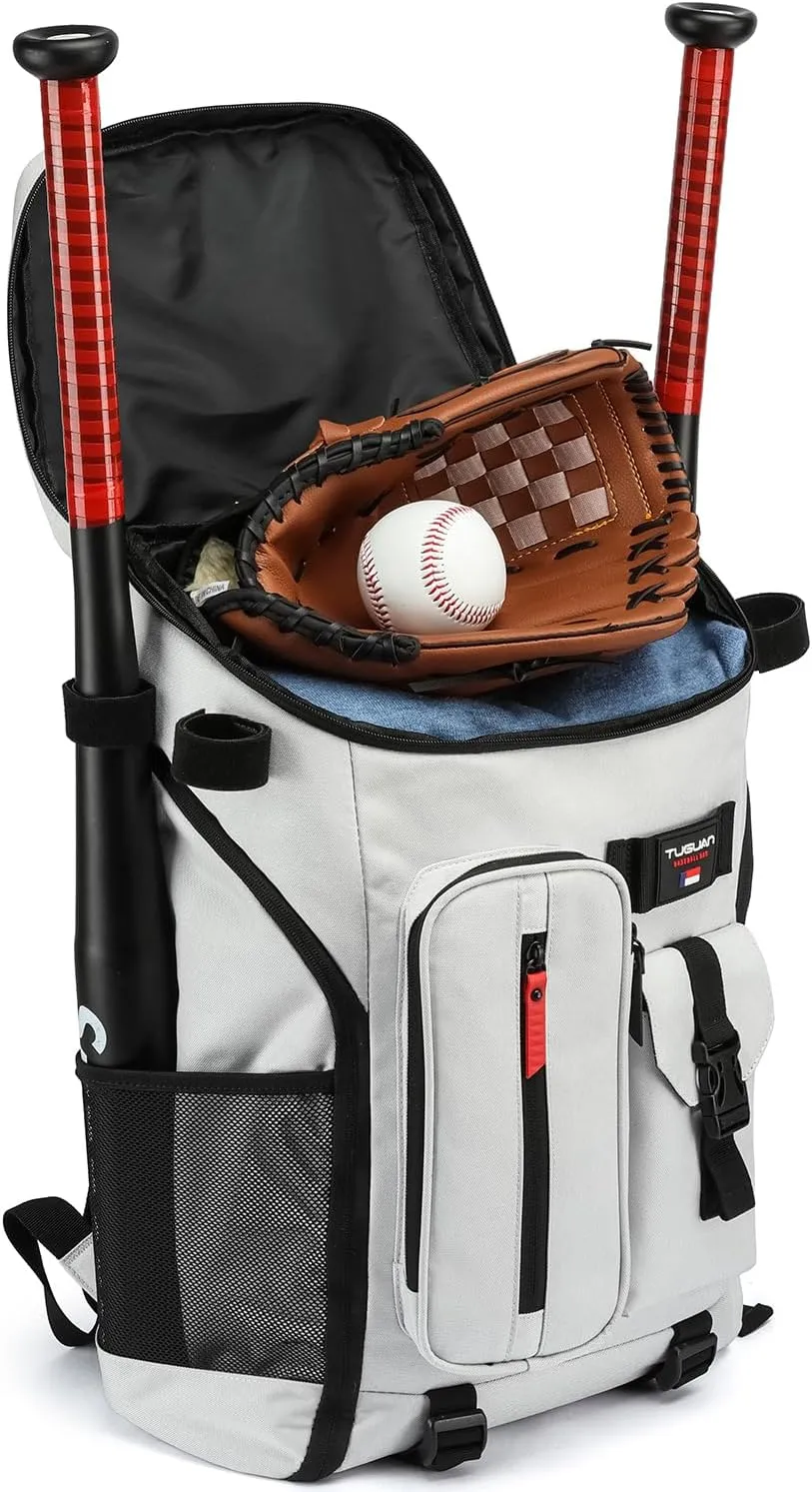 TUGUAN Baseball Backpack Equipment Bag for Adult with 2/4 Bat Holder & Fence Hook Lightweight Mens Softball Bag with Shoes Compartment Coaches Catchers Team Baseball Gear Bags Youth Boys
