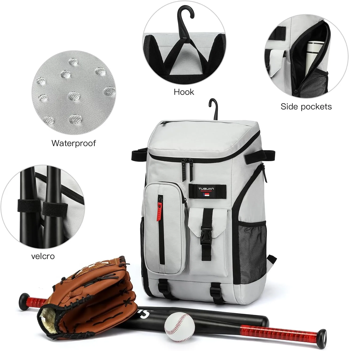 TUGUAN Baseball Backpack Equipment Bag for Adult with 2/4 Bat Holder & Fence Hook Lightweight Mens Softball Bag with Shoes Compartment Coaches Catchers Team Baseball Gear Bags Youth Boys