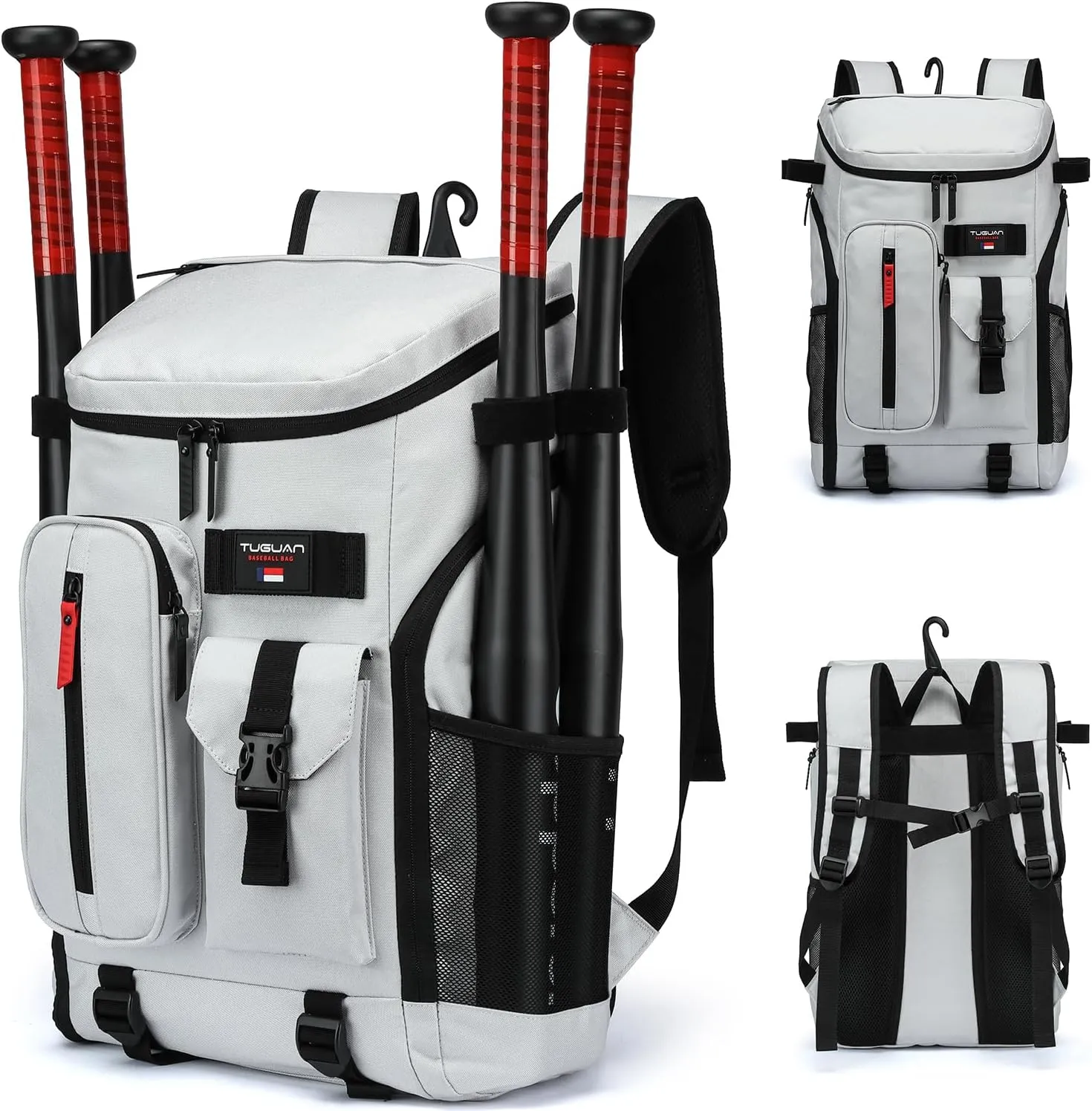 TUGUAN Baseball Backpack Equipment Bag for Adult with 2/4 Bat Holder & Fence Hook Lightweight Mens Softball Bag with Shoes Compartment Coaches Catchers Team Baseball Gear Bags Youth Boys