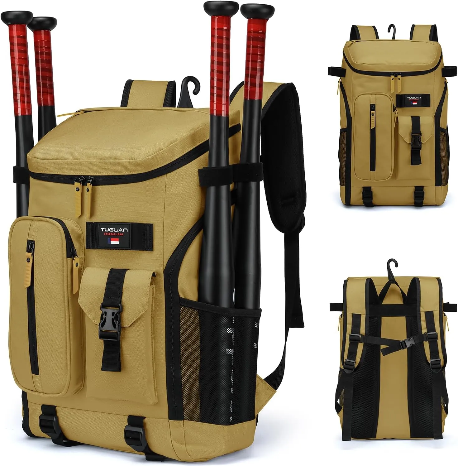 TUGUAN Baseball Backpack Equipment Bag for Adult with 2/4 Bat Holder & Fence Hook Lightweight Mens Softball Bag with Shoes Compartment Coaches Catchers Team Baseball Gear Bags Youth Boys