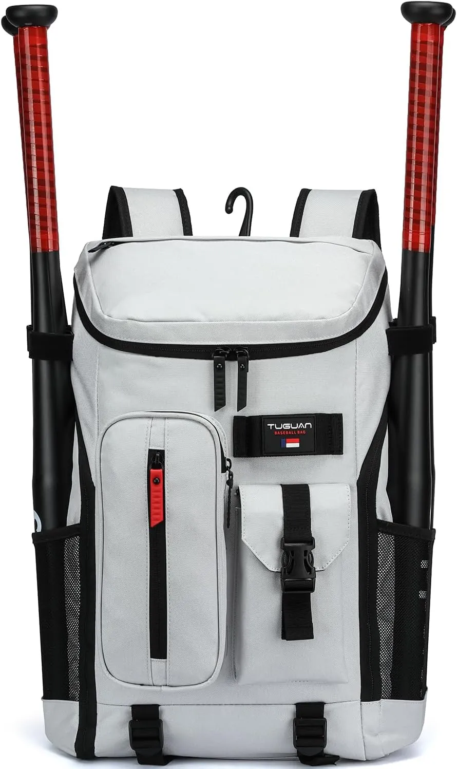 TUGUAN Baseball Backpack Equipment Bag for Adult with 2/4 Bat Holder & Fence Hook Lightweight Mens Softball Bag with Shoes Compartment Coaches Catchers Team Baseball Gear Bags Youth Boys