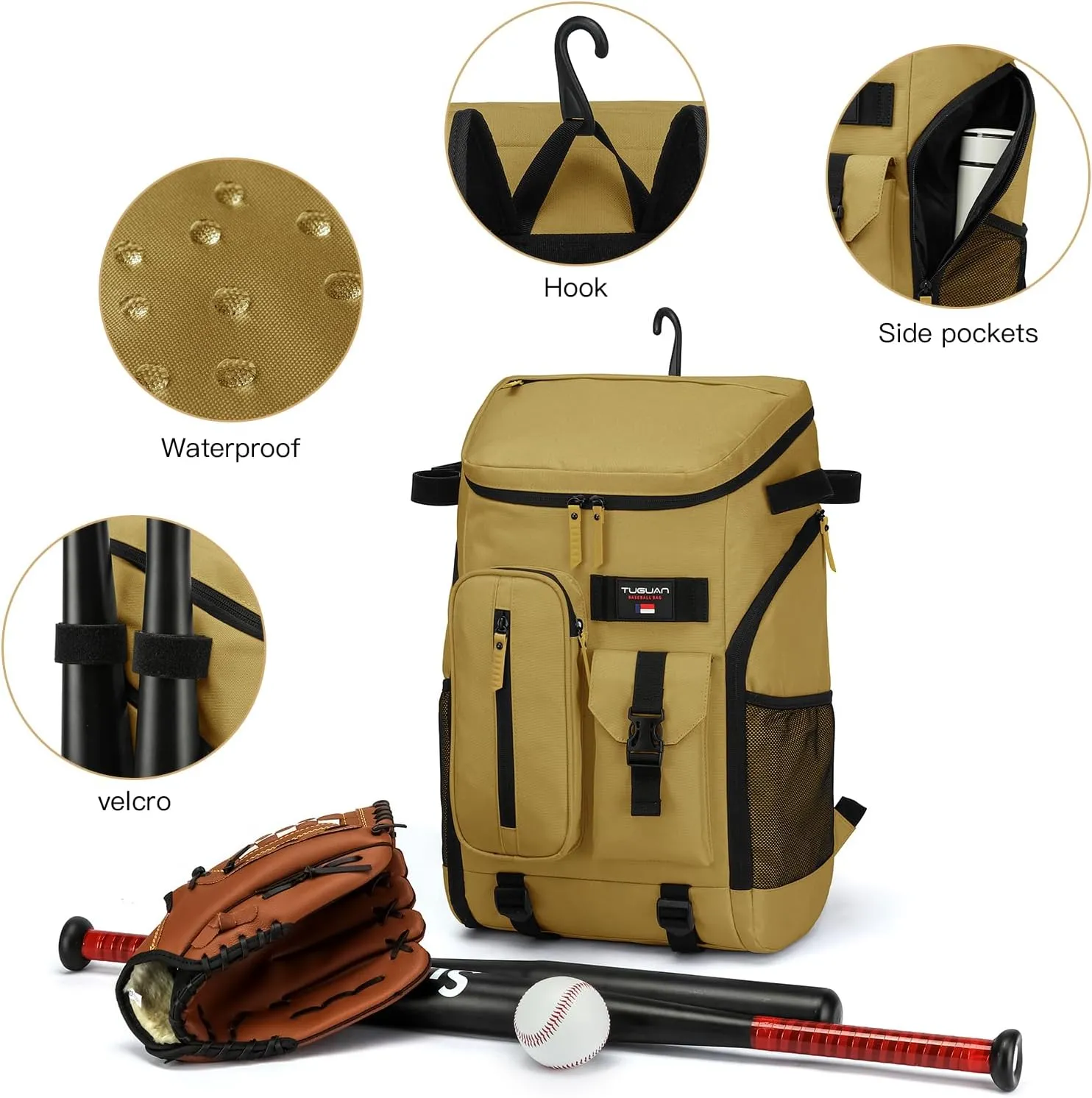TUGUAN Baseball Backpack Equipment Bag for Adult with 2/4 Bat Holder & Fence Hook Lightweight Mens Softball Bag with Shoes Compartment Coaches Catchers Team Baseball Gear Bags Youth Boys