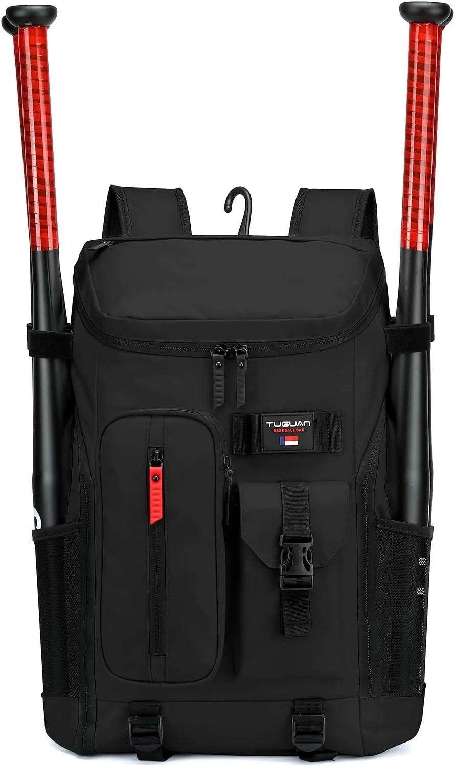 TUGUAN Baseball Backpack Equipment Bag for Adult with 2/4 Bat Holder & Fence Hook Lightweight Mens Softball Bag with Shoes Compartment Coaches Catchers Team Baseball Gear Bags Youth Boys