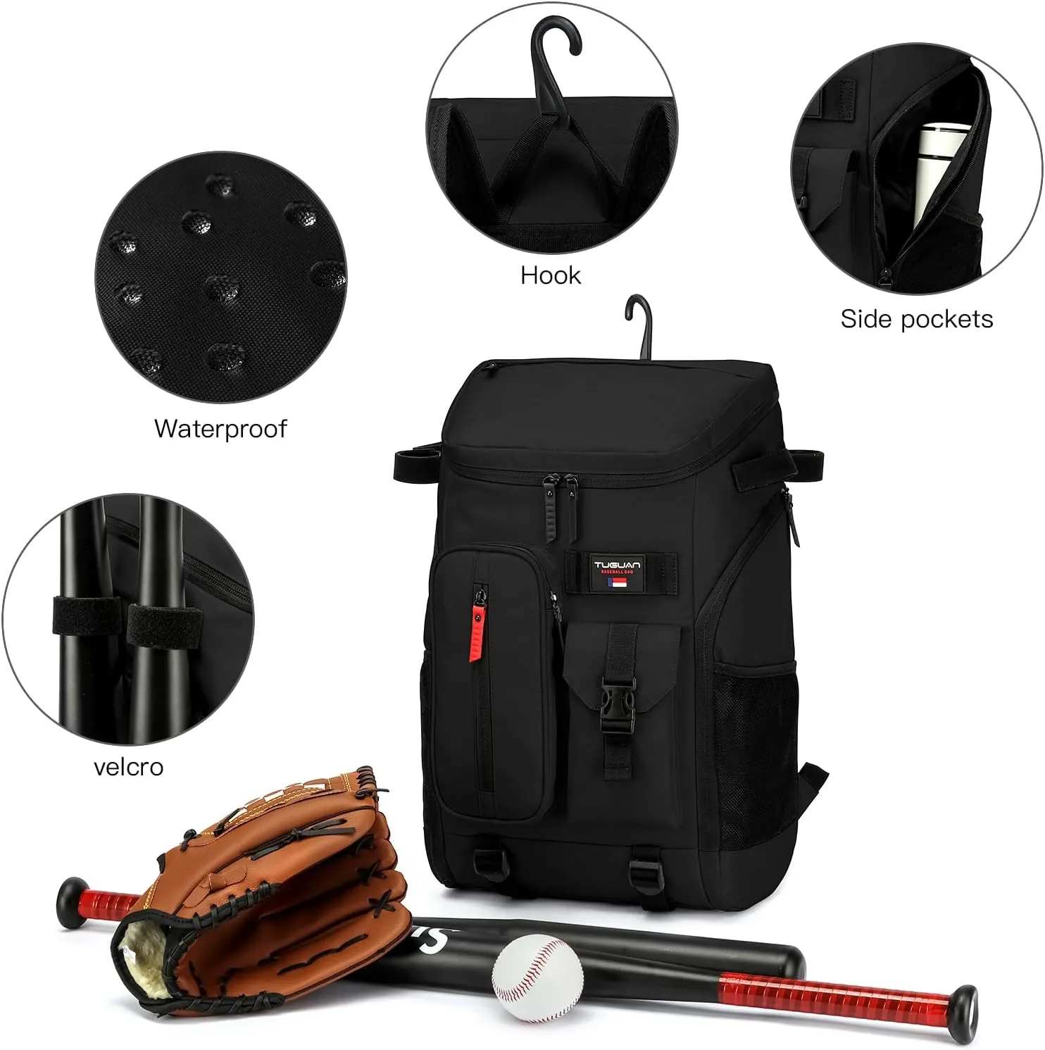 TUGUAN Baseball Backpack Equipment Bag for Adult with 2/4 Bat Holder & Fence Hook Lightweight Mens Softball Bag with Shoes Compartment Coaches Catchers Team Baseball Gear Bags Youth Boys