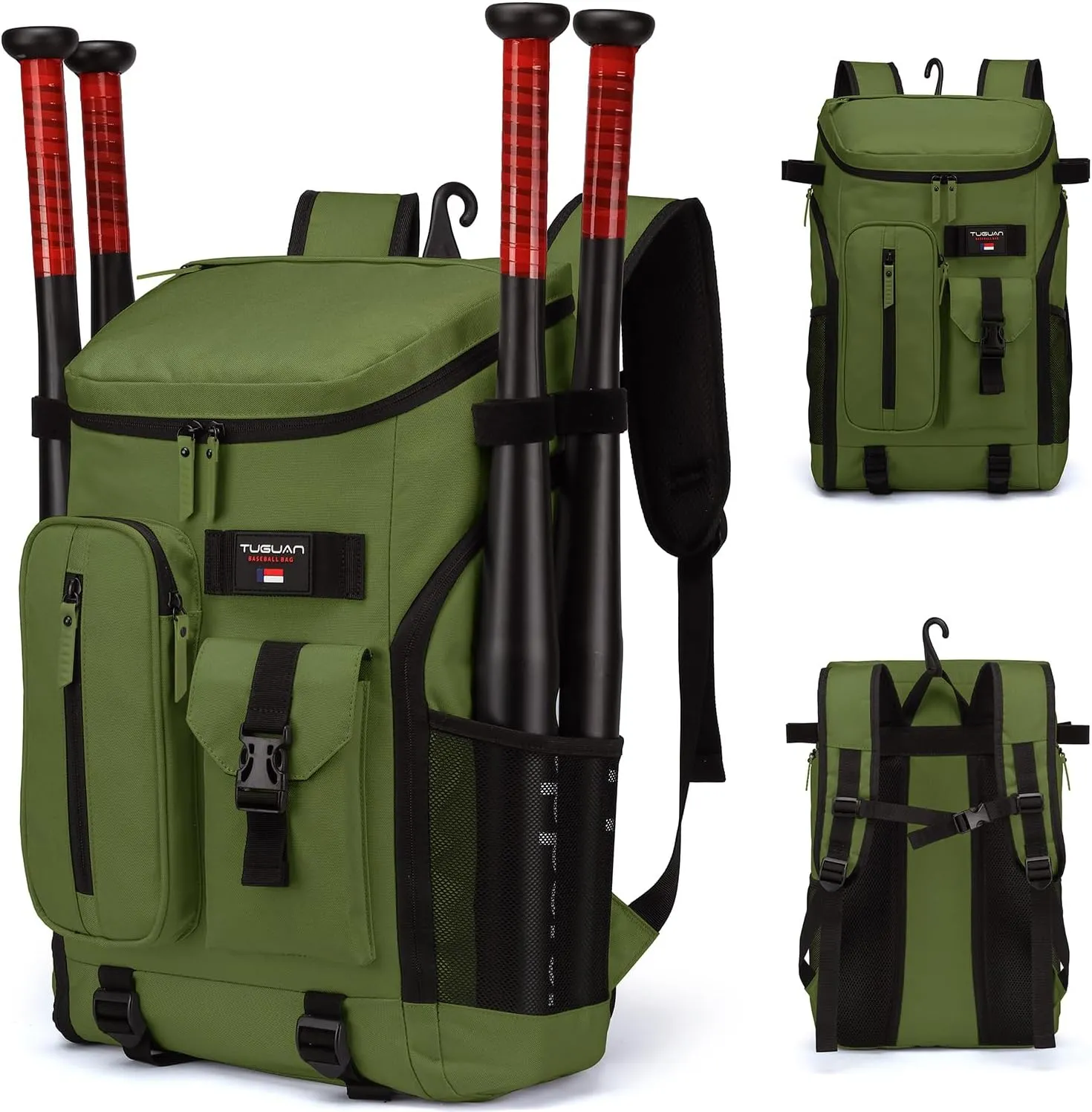 TUGUAN Baseball Backpack Equipment Bag for Adult with 2/4 Bat Holder & Fence Hook Lightweight Mens Softball Bag with Shoes Compartment Coaches Catchers Team Baseball Gear Bags Youth Boys