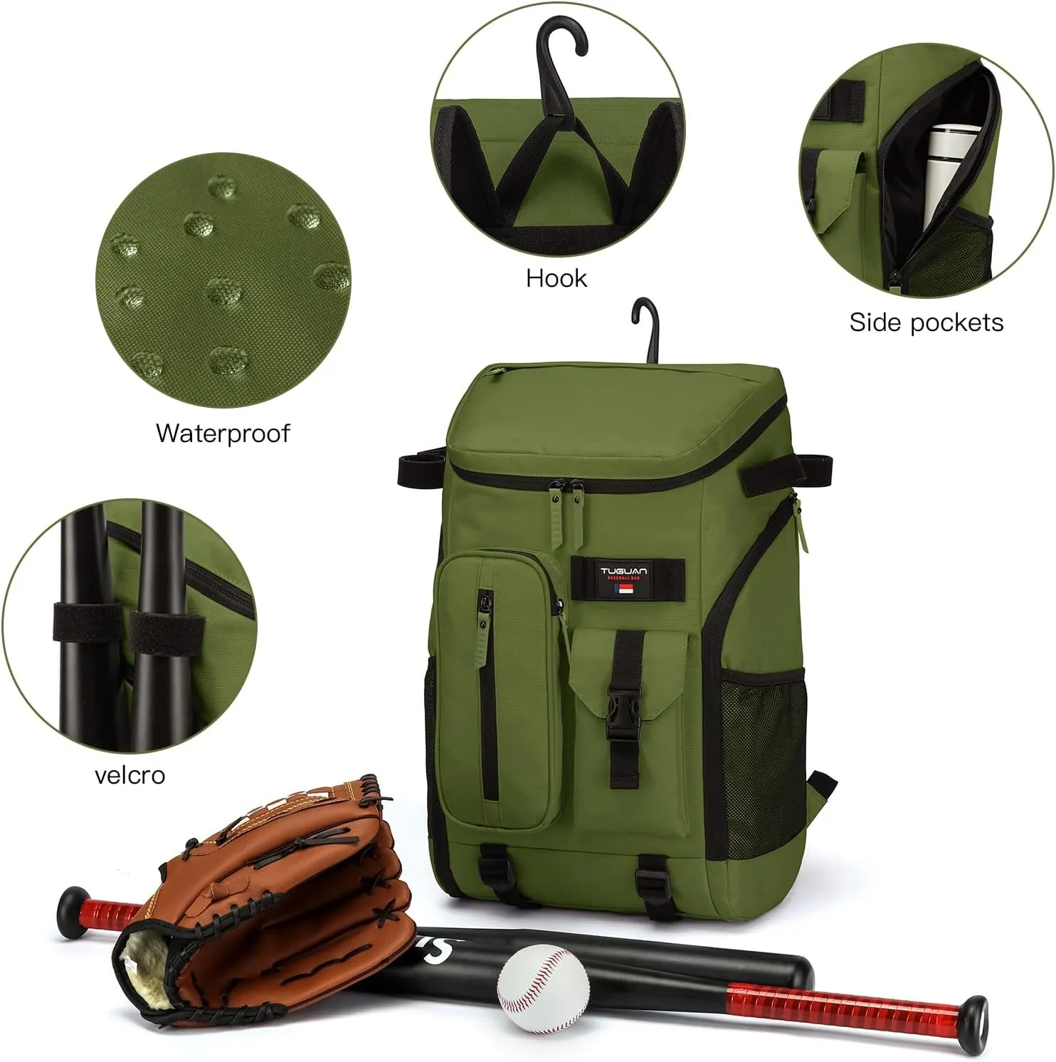 TUGUAN Baseball Backpack Equipment Bag for Adult with 2/4 Bat Holder & Fence Hook Lightweight Mens Softball Bag with Shoes Compartment Coaches Catchers Team Baseball Gear Bags Youth Boys