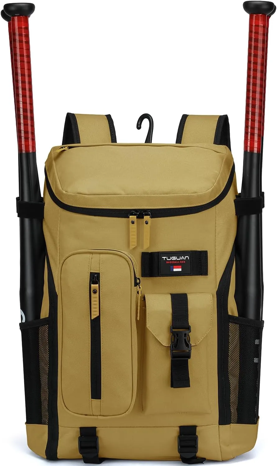 TUGUAN Baseball Backpack Equipment Bag for Adult with 2/4 Bat Holder & Fence Hook Lightweight Mens Softball Bag with Shoes Compartment Coaches Catchers Team Baseball Gear Bags Youth Boys