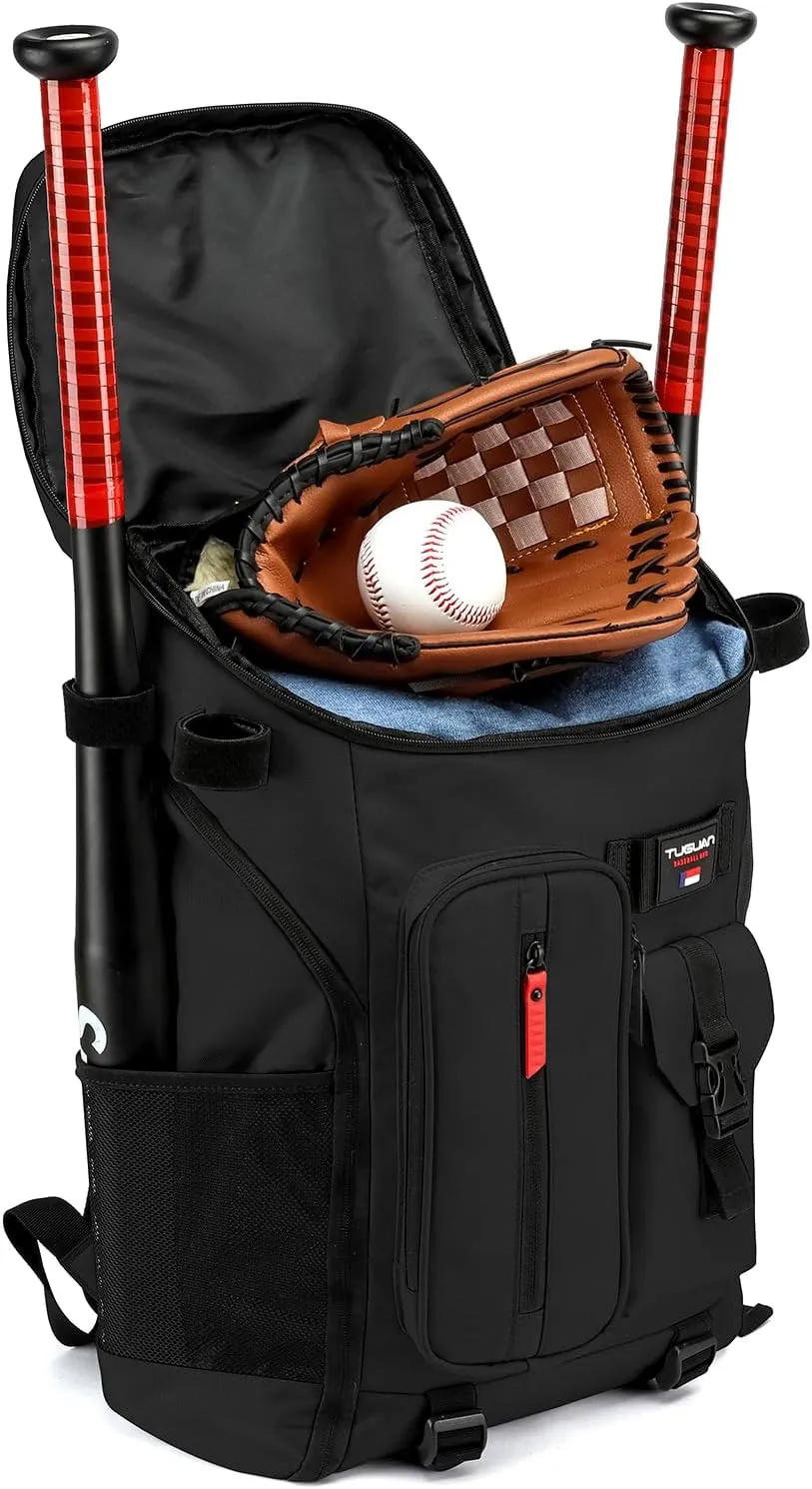 TUGUAN Baseball Backpack Equipment Bag for Adult with 2/4 Bat Holder & Fence Hook Lightweight Mens Softball Bag with Shoes Compartment Coaches Catchers Team Baseball Gear Bags Youth Boys