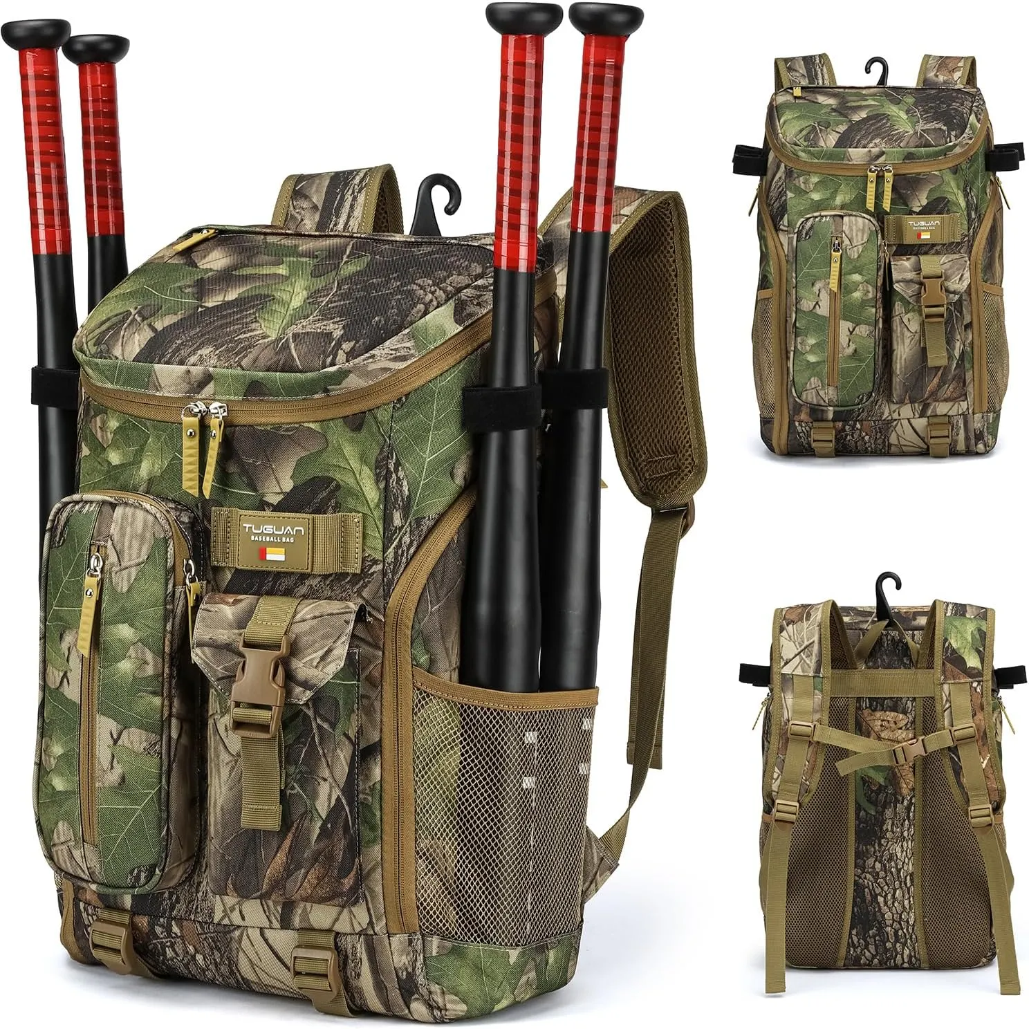 TUGUAN Baseball Backpack Equipment Bag for Adult with 2/4 Bat Holder & Fence Hook Lightweight Mens Softball Bag with Shoes Compartment Coaches Catchers Team Baseball Gear Bags Youth Boys