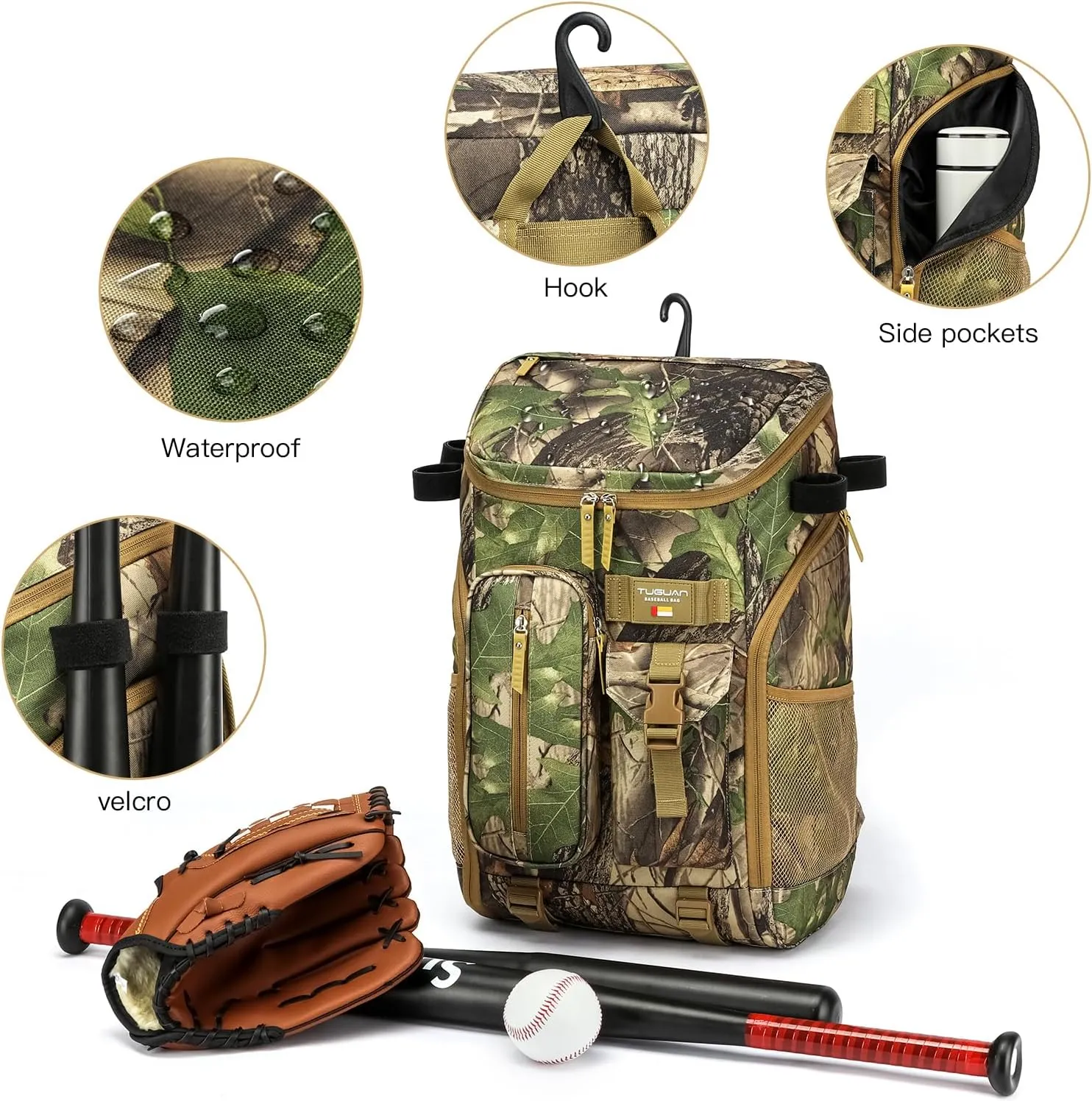 TUGUAN Baseball Backpack Equipment Bag for Adult with 2/4 Bat Holder & Fence Hook Lightweight Mens Softball Bag with Shoes Compartment Coaches Catchers Team Baseball Gear Bags Youth Boys