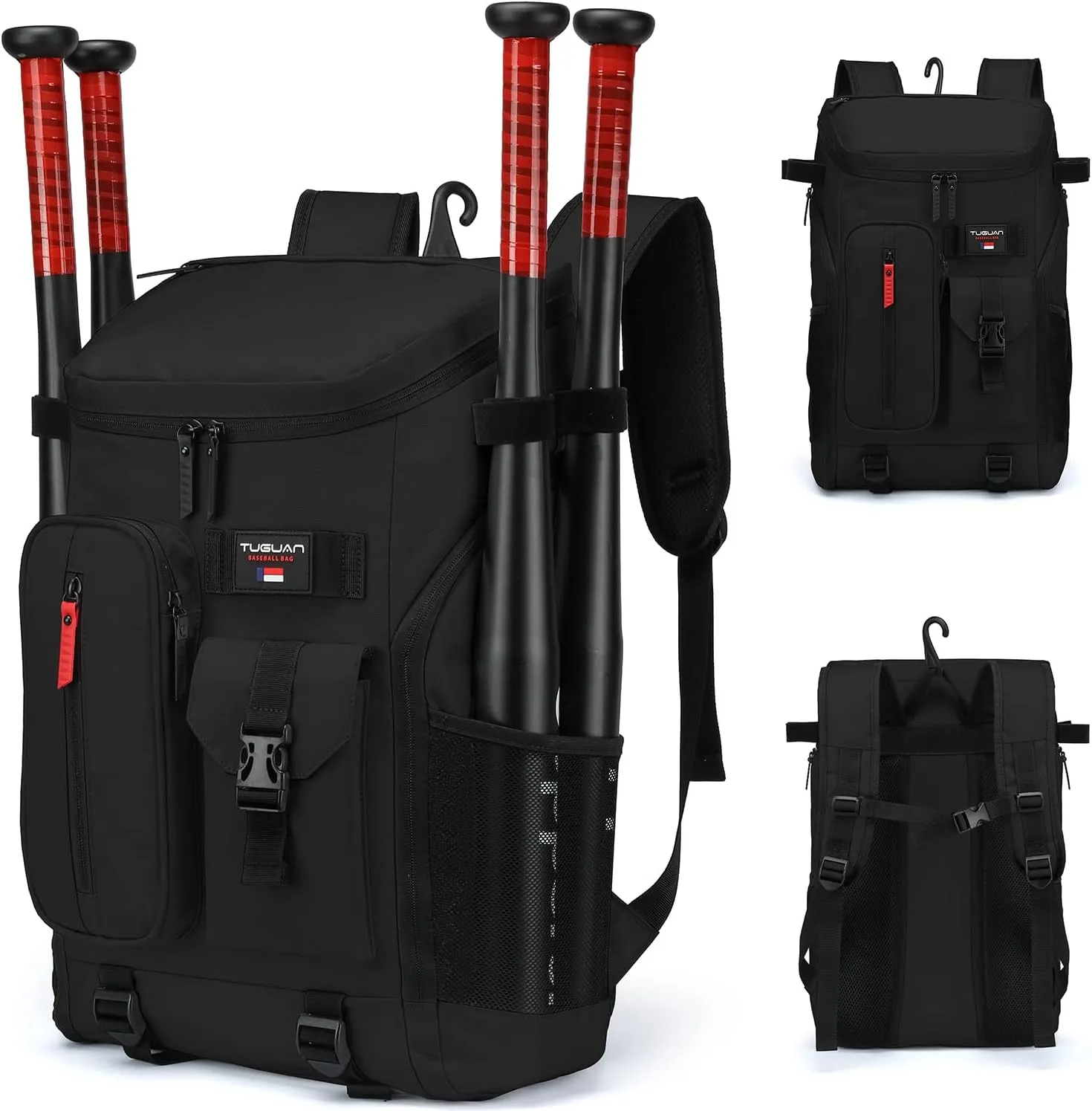 TUGUAN Baseball Backpack Equipment Bag for Adult with 2/4 Bat Holder & Fence Hook Lightweight Mens Softball Bag with Shoes Compartment Coaches Catchers Team Baseball Gear Bags Youth Boys