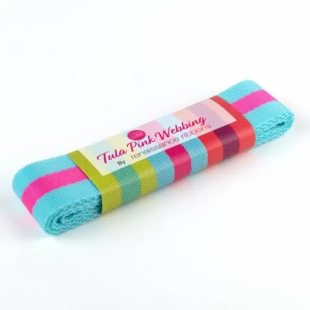 Tula Pink Webbing, 1.5 in. Aqua/Pink
