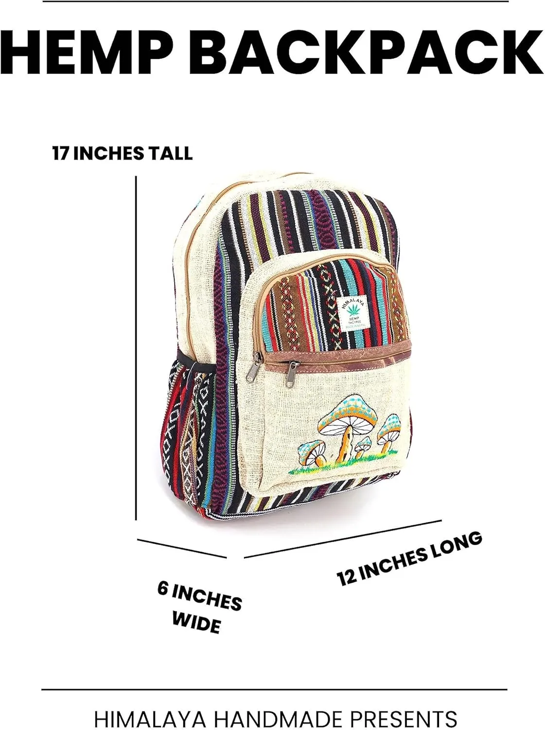 Unique Mushroom Embroidered Tie Dye Himalaya Hemp Large Hippie Backpack Festival Backpack FAIR TRADE Handmade with Love. (WHITE)