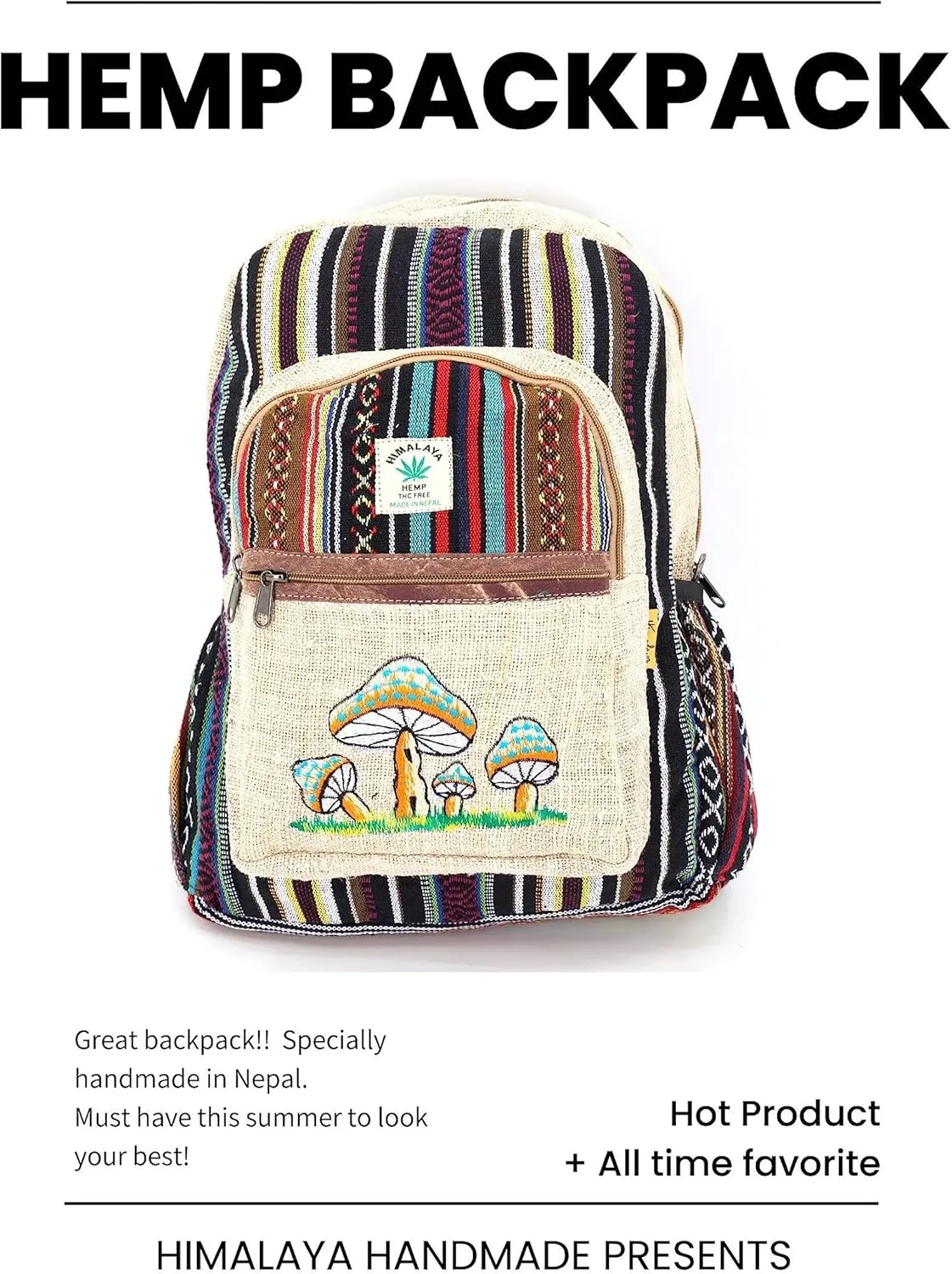 Unique Mushroom Embroidered Tie Dye Himalaya Hemp Large Hippie Backpack Festival Backpack FAIR TRADE Handmade with Love. (WHITE)