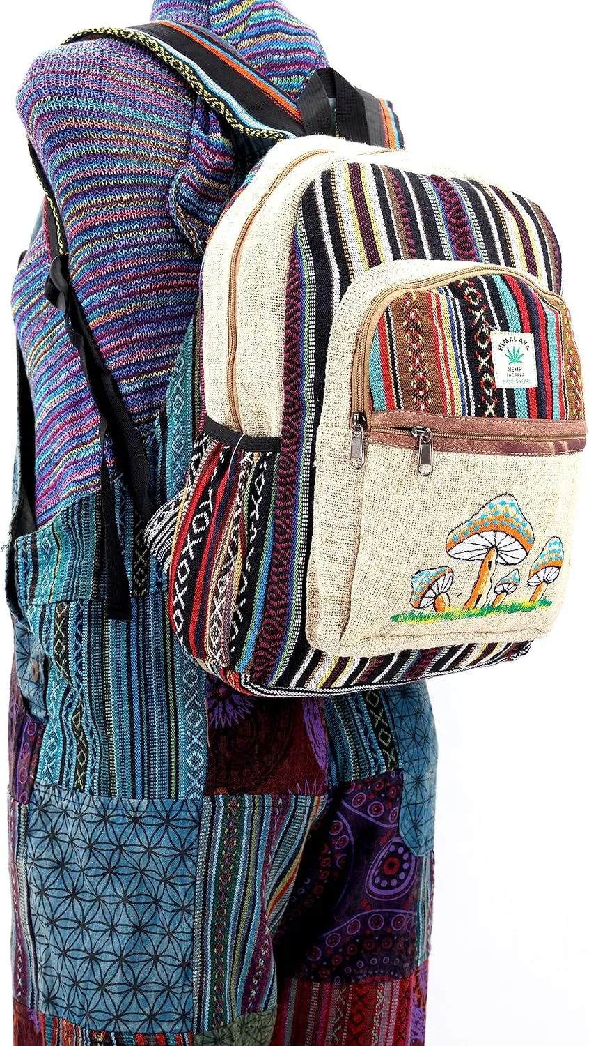 Unique Mushroom Embroidered Tie Dye Himalaya Hemp Large Hippie Backpack Festival Backpack FAIR TRADE Handmade with Love. (WHITE)