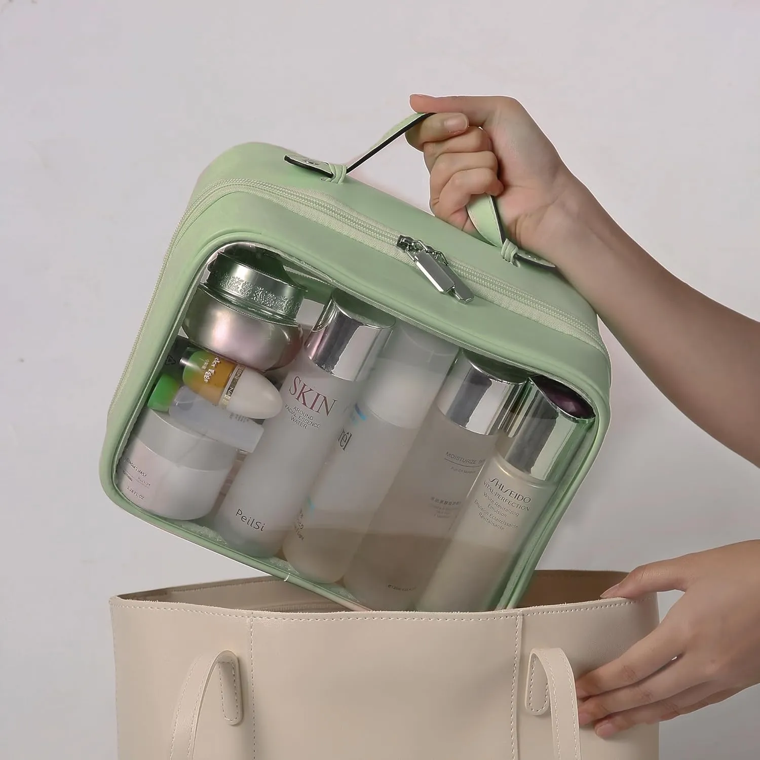 Veki Transparent Makeup Bag Travel Cosmetic Bags Case Waterproof Toiletries Bag Large Capacity Open Storage Bags Organizer With Zipper, Portable Make Up Organizer for Women and Girls