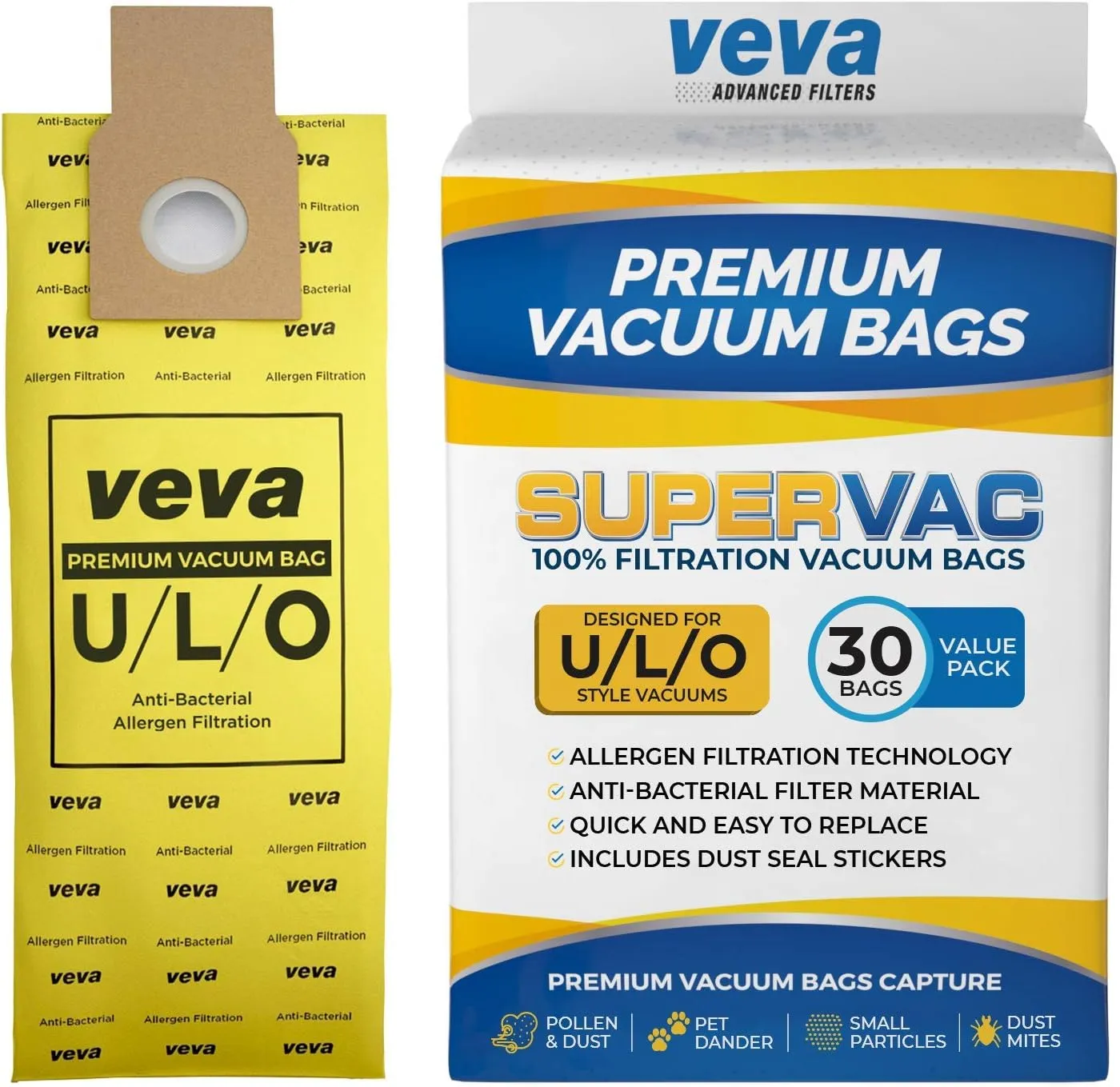 VEVA 30 Pack Premium SuperVac Vacuum Bags Type U/L/O Microlined compatible with Kenmore Sears Upright vacuum cleaners replacement Style U, L, O, 5068, 50688, 50690, 50105 bags