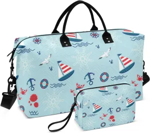 VIGTRO Travel Duffel Bag Weekender Overnight Bag with Toiletry Bag Sailboat Life Ring Anchor Printed, Carry On Luggage Bag Sea Ocean Beach for Hospital Gym Travel Business, 2 Pcs Set