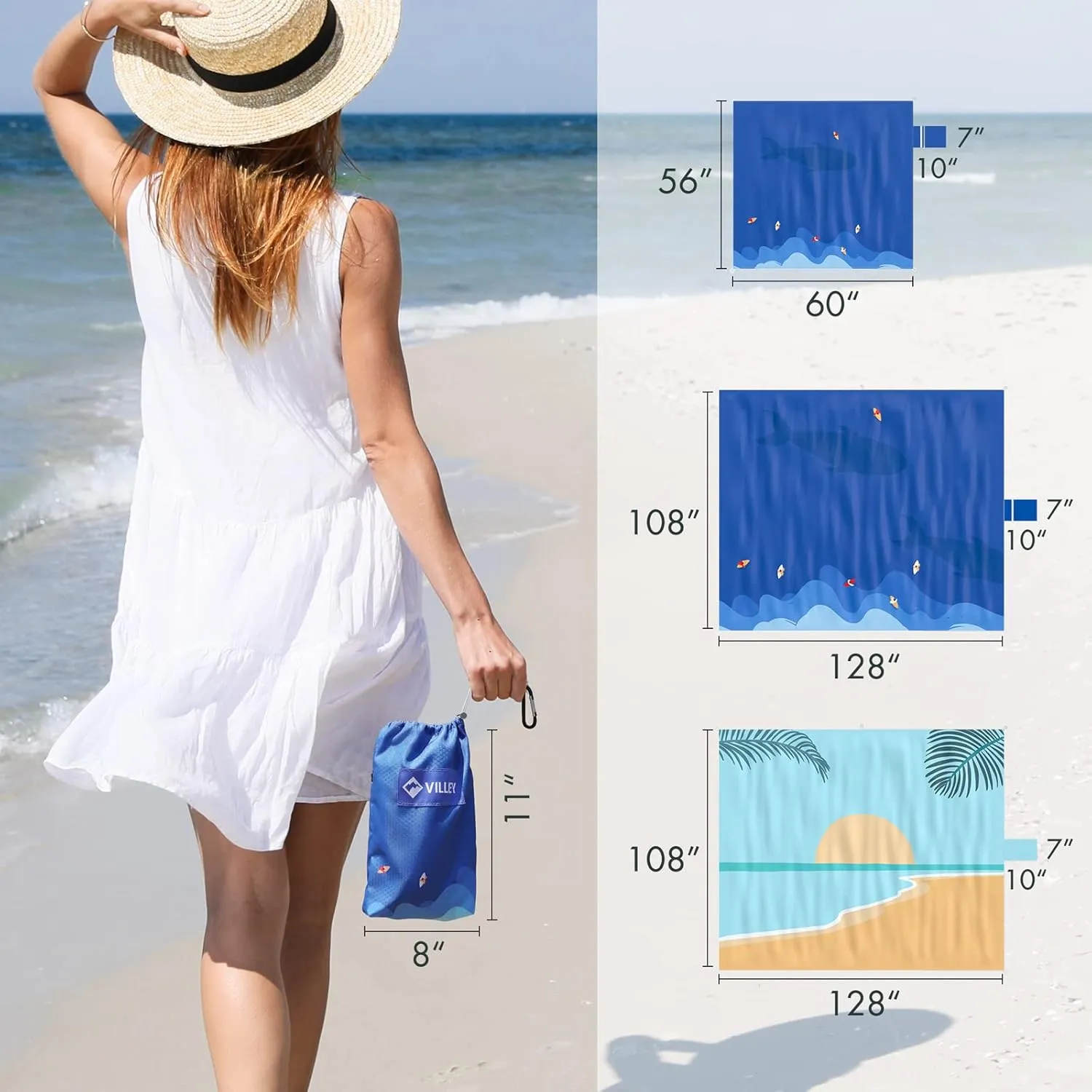 VILLEY Beach Blanket Waterproof Sandproof, Extra Large Beach Mat 60"x56" / 128"x108" for 1-8 Adults, Beach Blanket with 4/8 Stakes & 4 Corner Pockets, Outdoor Beach Accessories for Travel, Camping