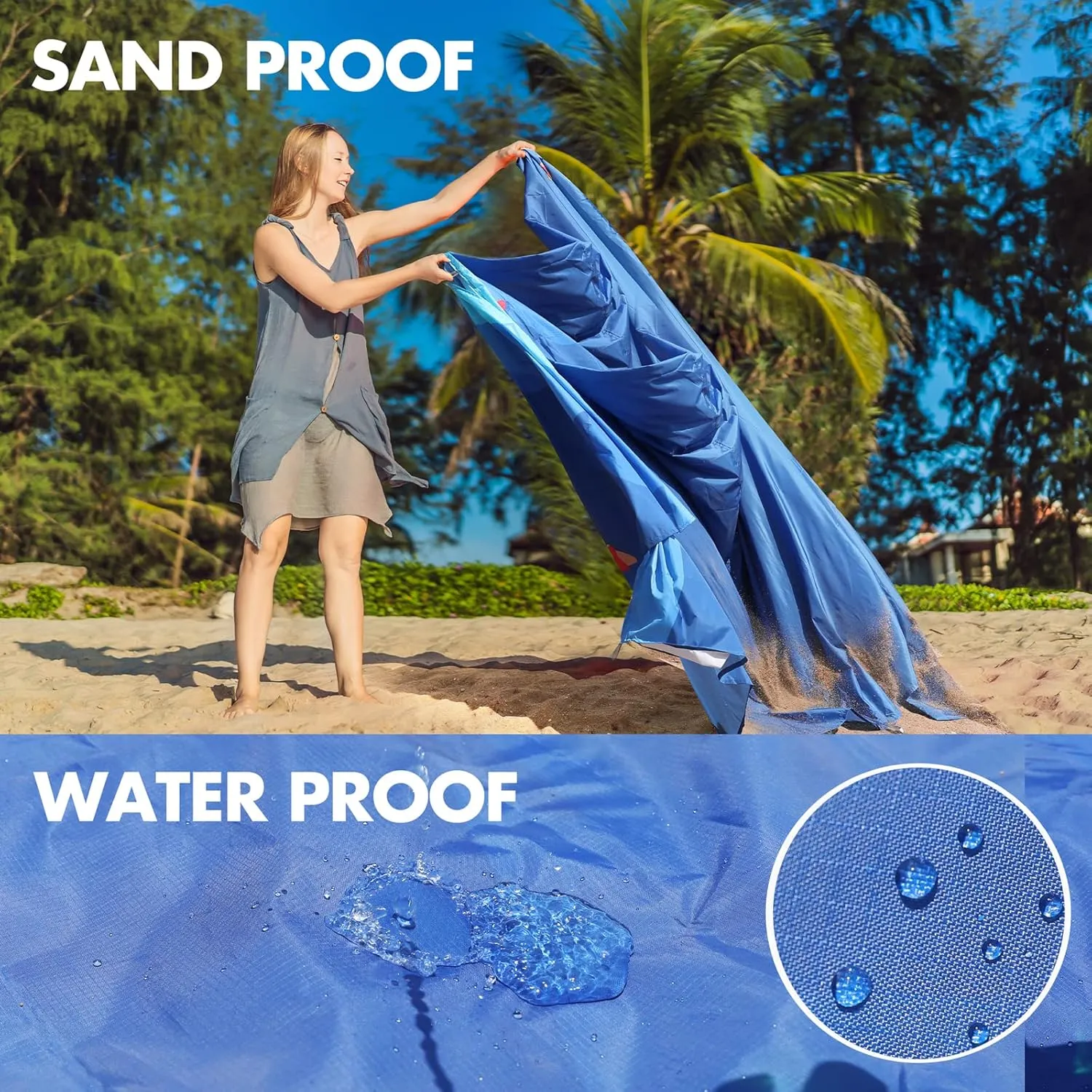 VILLEY Beach Blanket Waterproof Sandproof, Extra Large Beach Mat 60"x56" / 128"x108" for 1-8 Adults, Beach Blanket with 4/8 Stakes & 4 Corner Pockets, Outdoor Beach Accessories for Travel, Camping