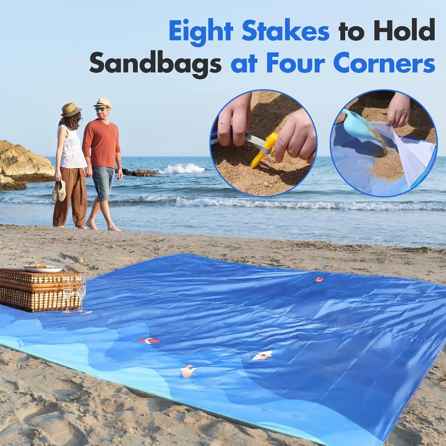 VILLEY Beach Blanket Waterproof Sandproof, Extra Large Beach Mat 60"x56" / 128"x108" for 1-8 Adults, Beach Blanket with 4/8 Stakes & 4 Corner Pockets, Outdoor Beach Accessories for Travel, Camping