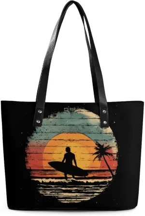 Vintage Sunset Surfing Women's Handbag Fashion Shoulder Bag Purse Leather Tote Bags Crossbody Travel