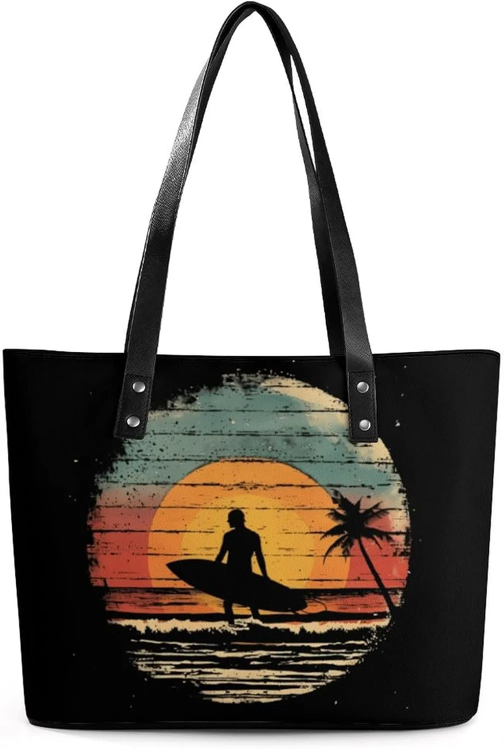 Vintage Sunset Surfing Women's Handbag Fashion Shoulder Bag Purse Leather Tote Bags Crossbody Travel
