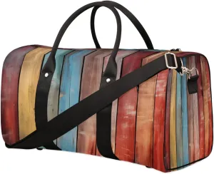 Vintage Wooden Striped Travel Duffel Bag for Women Men, Rainbow Wooden Texture Sport Tote Gym Bag Foldable Weekender Overnight Bag Waterproof Carry On Luggage Bag