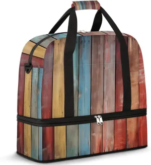 Vintage Wooden Striped Travel Duffel Bag for Women Men, Rainbow Wooden Texture Sports Gym Bag with Shoes Compartment Foldable Overnight Bag Weekender Tote Workout Carry On Luggage Bag