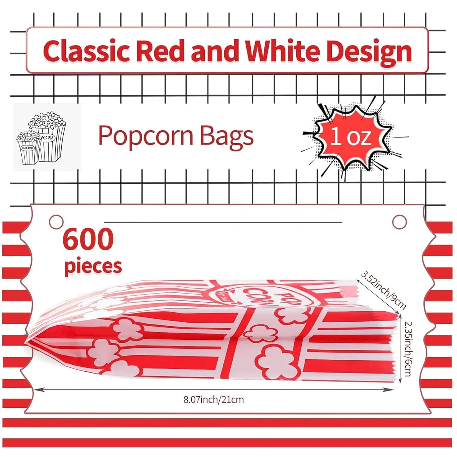 VOISEN Paper Popcorn Bags,600 Pack 1oz Popcorn Bags Individual Servings, Popcorn Bag Bulk for Popcorn Machine,Movie Nights Pop Corn Bags