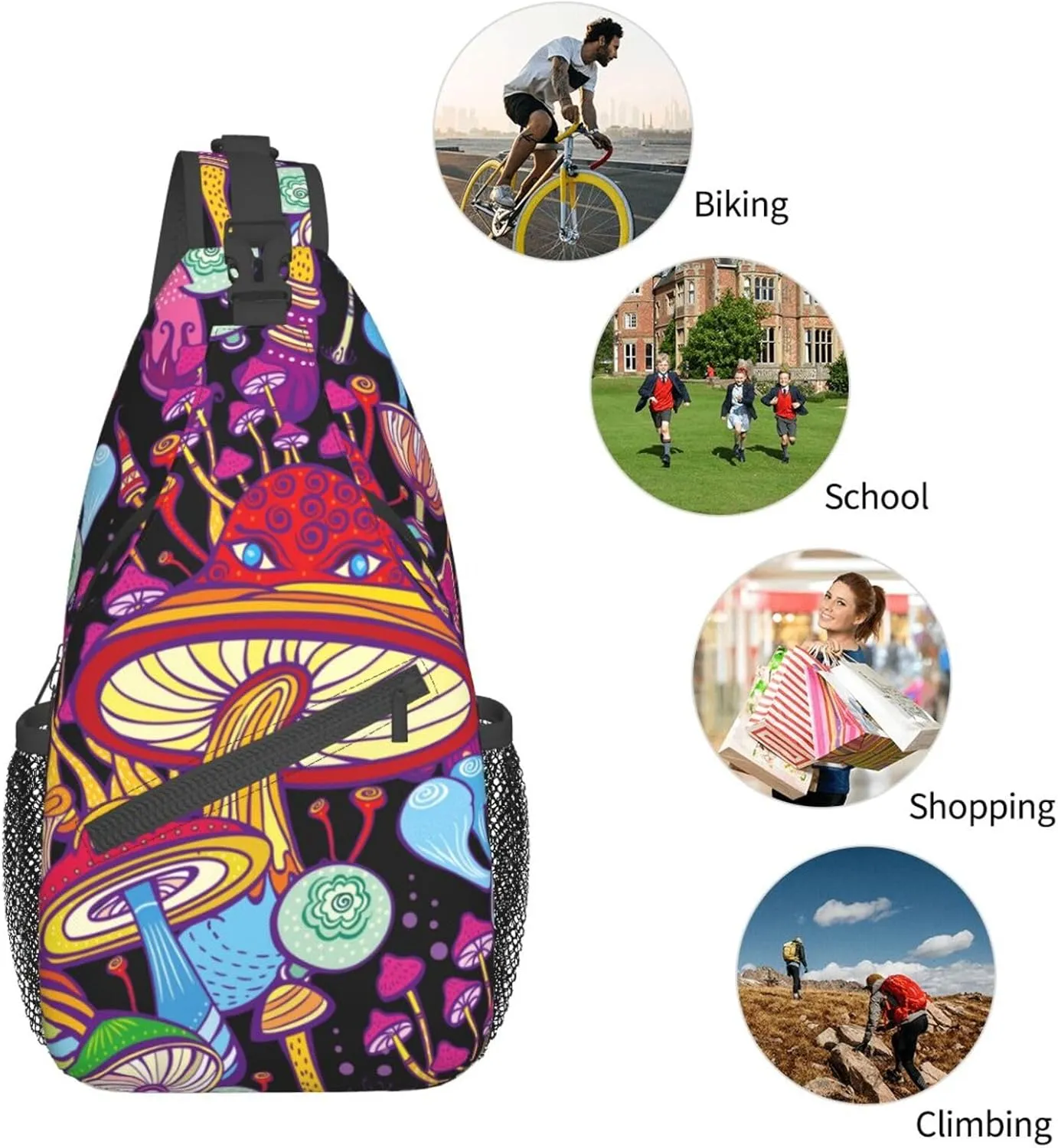 VOOHDDY Doodle Hippie Mushroom Sling Bag For Women Men Travel Hiking Backpack Crossbody Shoulder Chest Bags Casual Daypack Sport