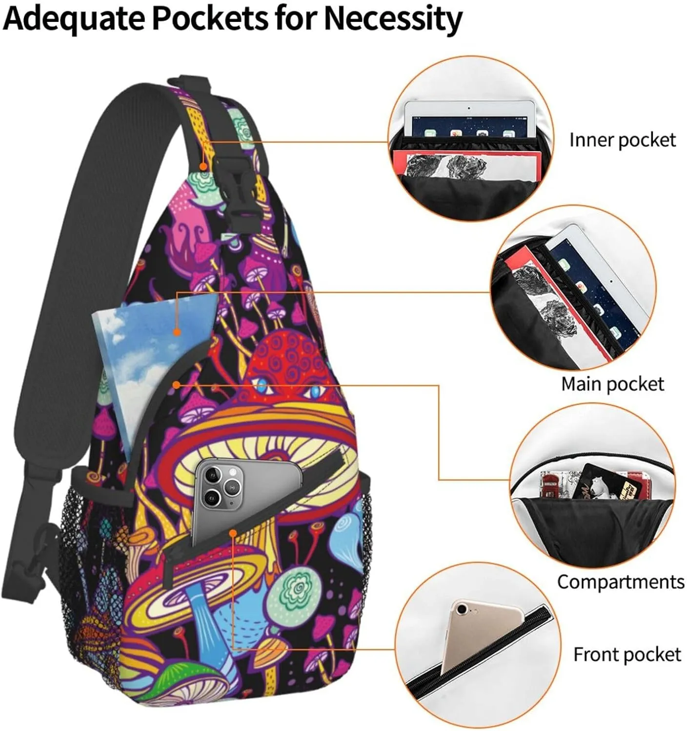 VOOHDDY Doodle Hippie Mushroom Sling Bag For Women Men Travel Hiking Backpack Crossbody Shoulder Chest Bags Casual Daypack Sport