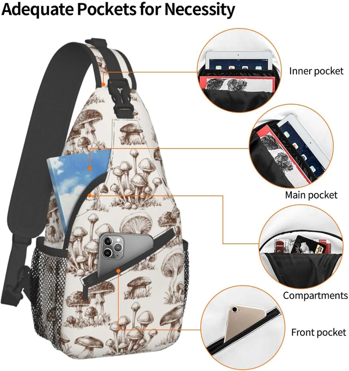 VOOHDDY Vintage Mushroom Sling Bag For Women Men Travel Hiking Backpack Crossbody Shoulder Chest Bags Casual Daypack Sport