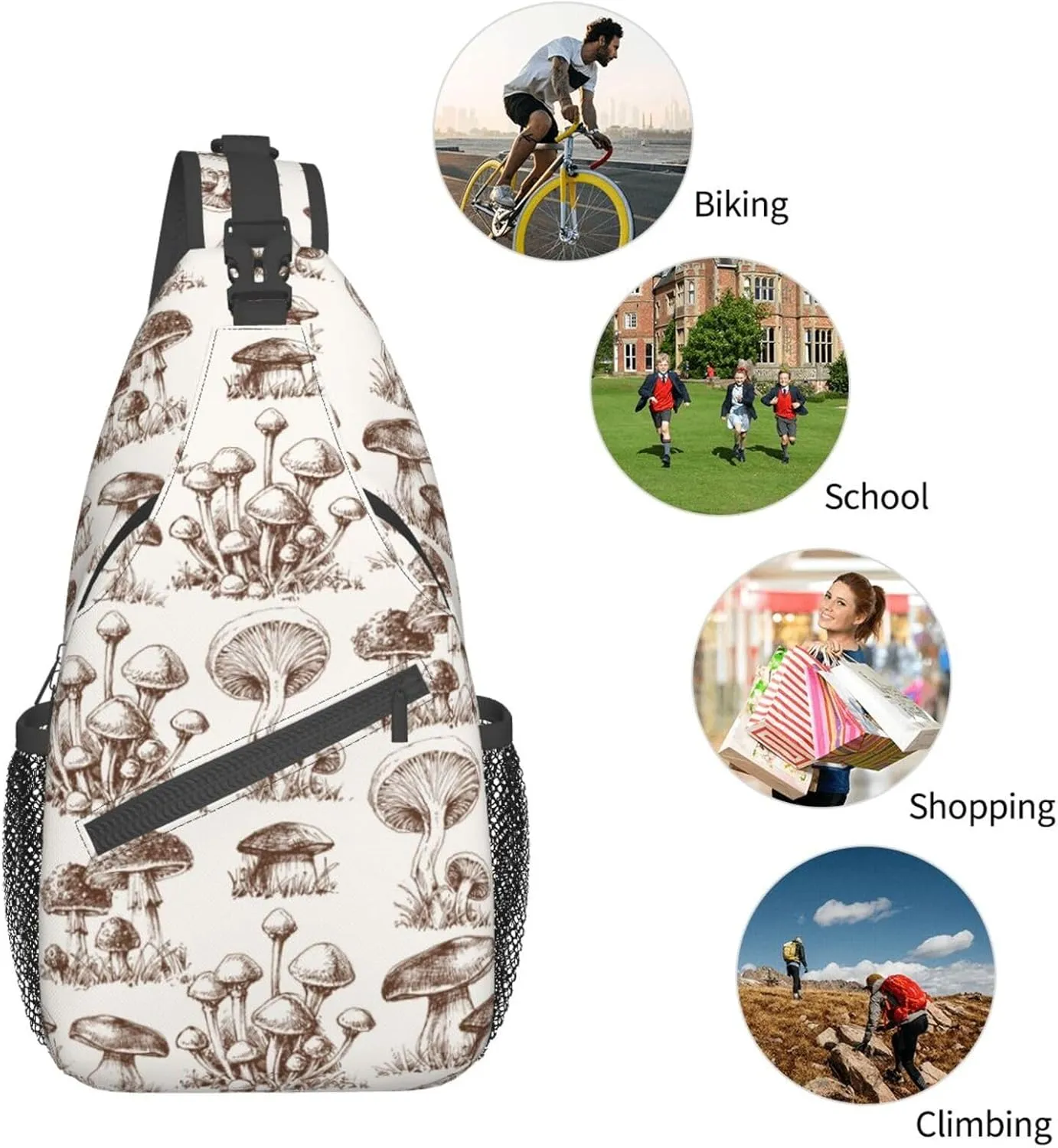 VOOHDDY Vintage Mushroom Sling Bag For Women Men Travel Hiking Backpack Crossbody Shoulder Chest Bags Casual Daypack Sport