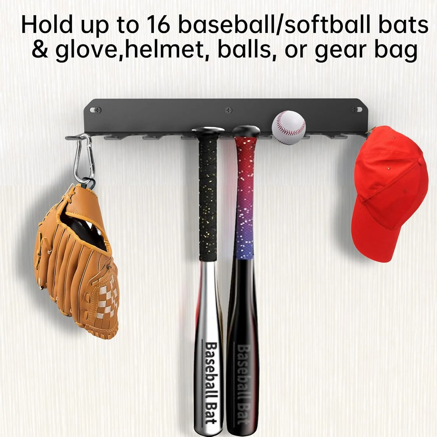 Wall Mount Baseball Bat Rack, Hold 16 Bats, Home Gym Sports Equipment Organizer Hanger, Olympic Barbells Holder, Heavy Duty Hooks for Hangs Bats,Gloves,Hats,Bags,Balls,Row Handles or Tools, Black