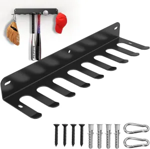 Wall Mount Baseball Bat Rack, Hold 16 Bats, Home Gym Sports Equipment Organizer Hanger, Olympic Barbells Holder, Heavy Duty Hooks for Hangs Bats,Gloves,Hats,Bags,Balls,Row Handles or Tools, Black