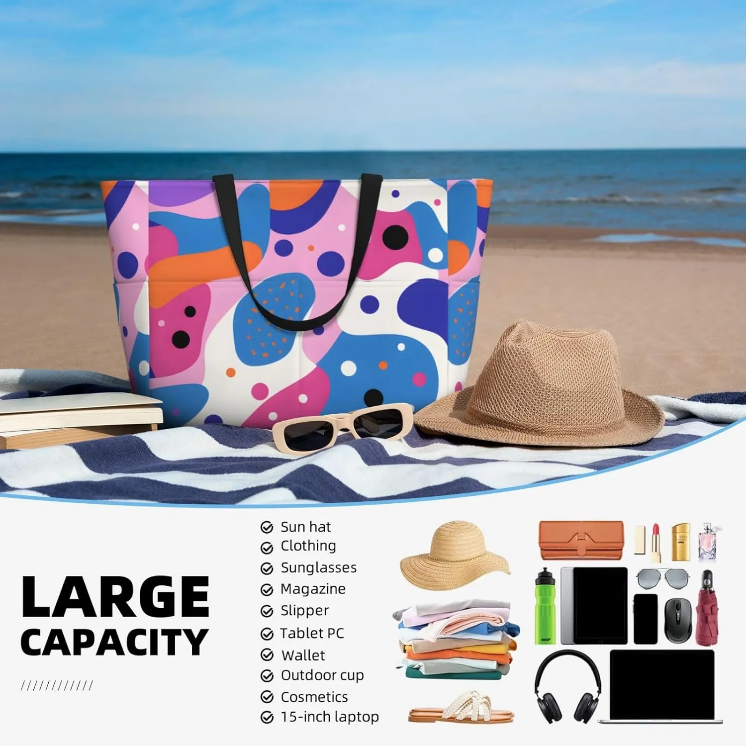 Waterproof Beach Bag for Women Sandproof Beach Tote Bags Large Capacity Swim Pool Bag Foldable Travel Duffel Bags
