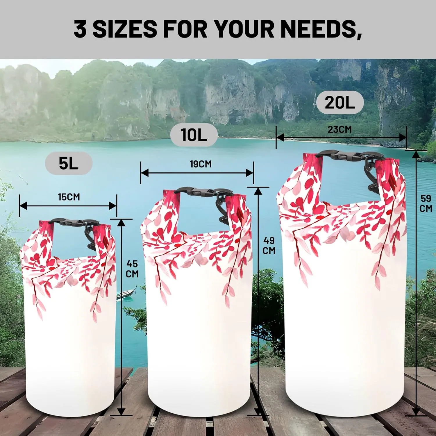 Waterproof Dry Bag,Roll Top Rose Red Eucalyptus Waterproof Backpack 5L/10L/20L Floating and Lightweight Bags for Kayaking, Boating, Fishing, Swimming and Camping