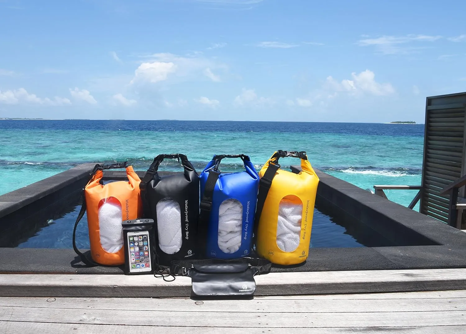 Waterproof Dry Bags Set of 3 Dry Bag with 2 Zip Lock Seals & Detachable Shoulder Strap, Waist Pouch & Phone Case - Can Be Submerged Into Water - for Swimming (Orange(Window), 10L)