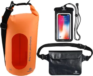 Waterproof Dry Bags Set of 3 Dry Bag with 2 Zip Lock Seals & Detachable Shoulder Strap, Waist Pouch & Phone Case - Can Be Submerged Into Water - for Swimming (Orange(Window), 10L)