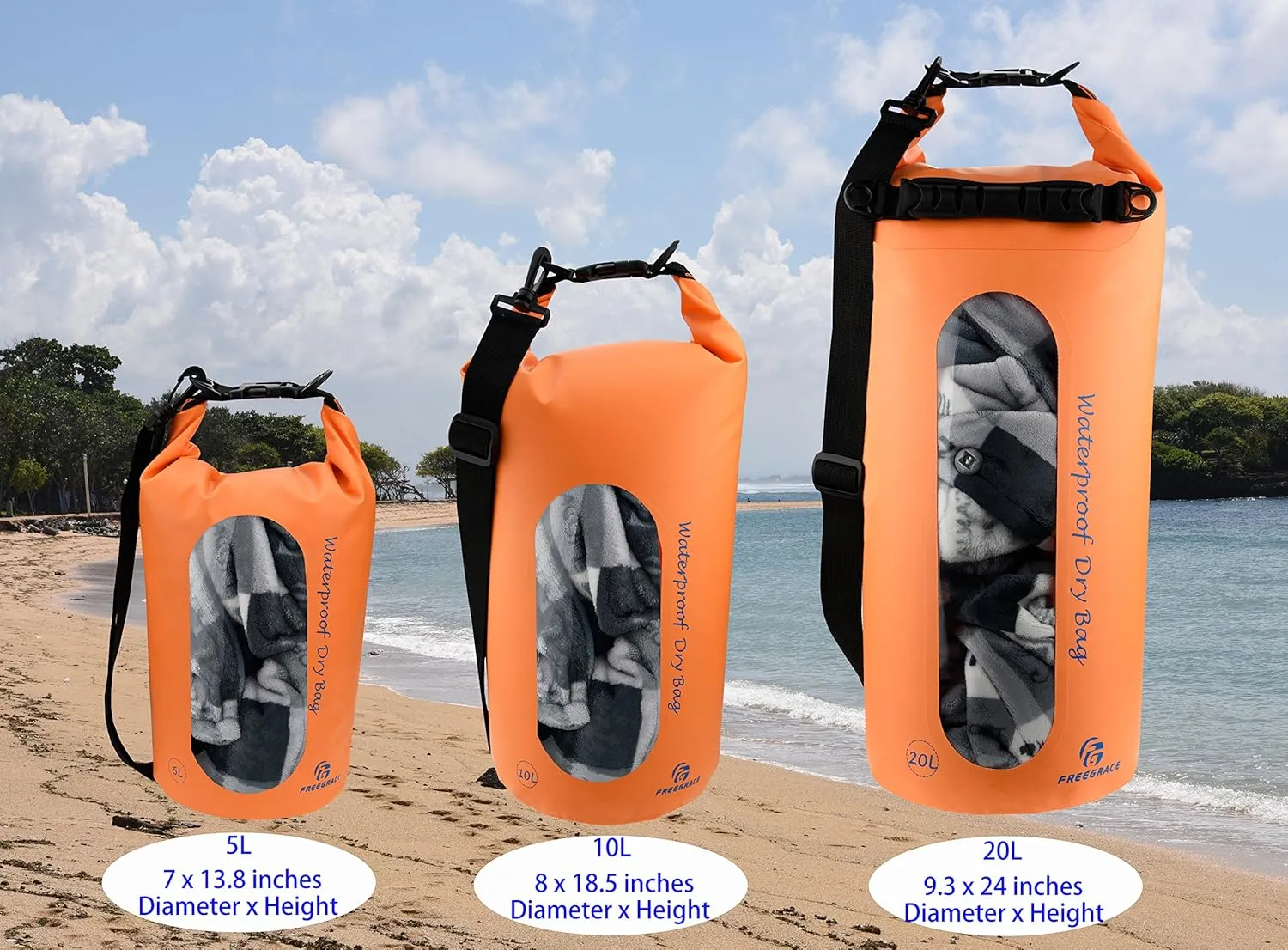 Waterproof Dry Bags Set of 3 Dry Bag with 2 Zip Lock Seals & Detachable Shoulder Strap, Waist Pouch & Phone Case - Can Be Submerged Into Water - for Swimming (Orange(Window), 10L)