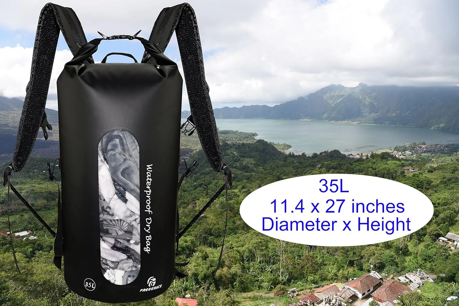 Waterproof Dry Bags Set of 3 - Dry Bag with 2 Zip Lock Seals, Waist Pouch & Phone Case - Can Be Submerged Into Water for Swimming, Kayak, Rafting & Boating (Window, Black, 35L)