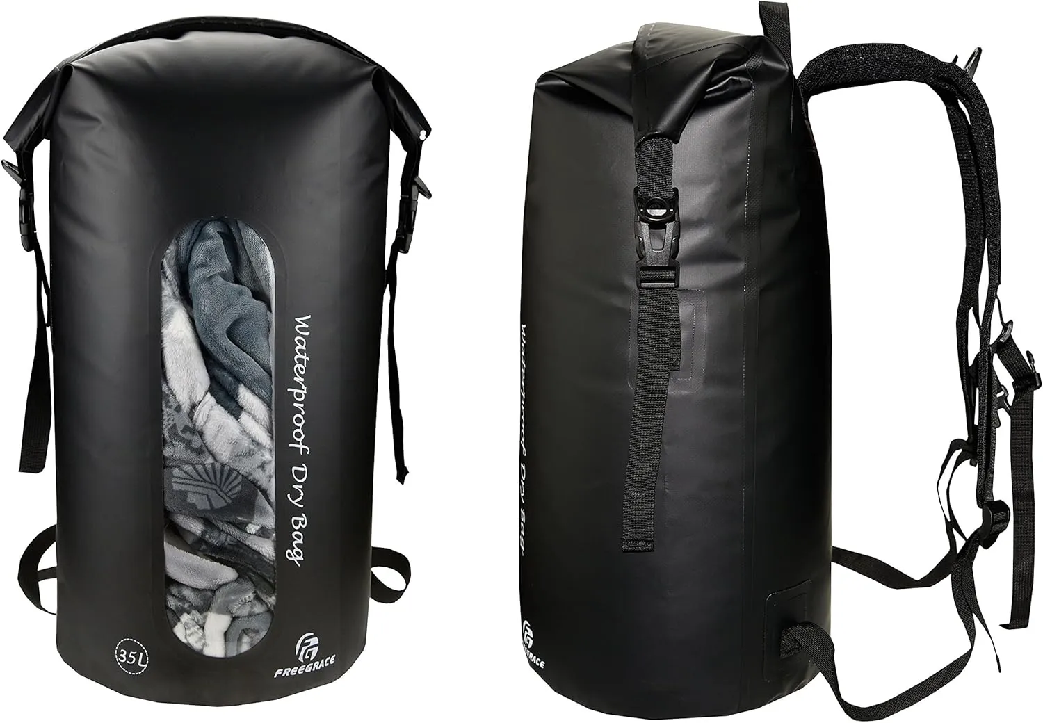 Waterproof Dry Bags Set of 3 - Dry Bag with 2 Zip Lock Seals, Waist Pouch & Phone Case - Can Be Submerged Into Water for Swimming, Kayak, Rafting & Boating (Window, Black, 35L)