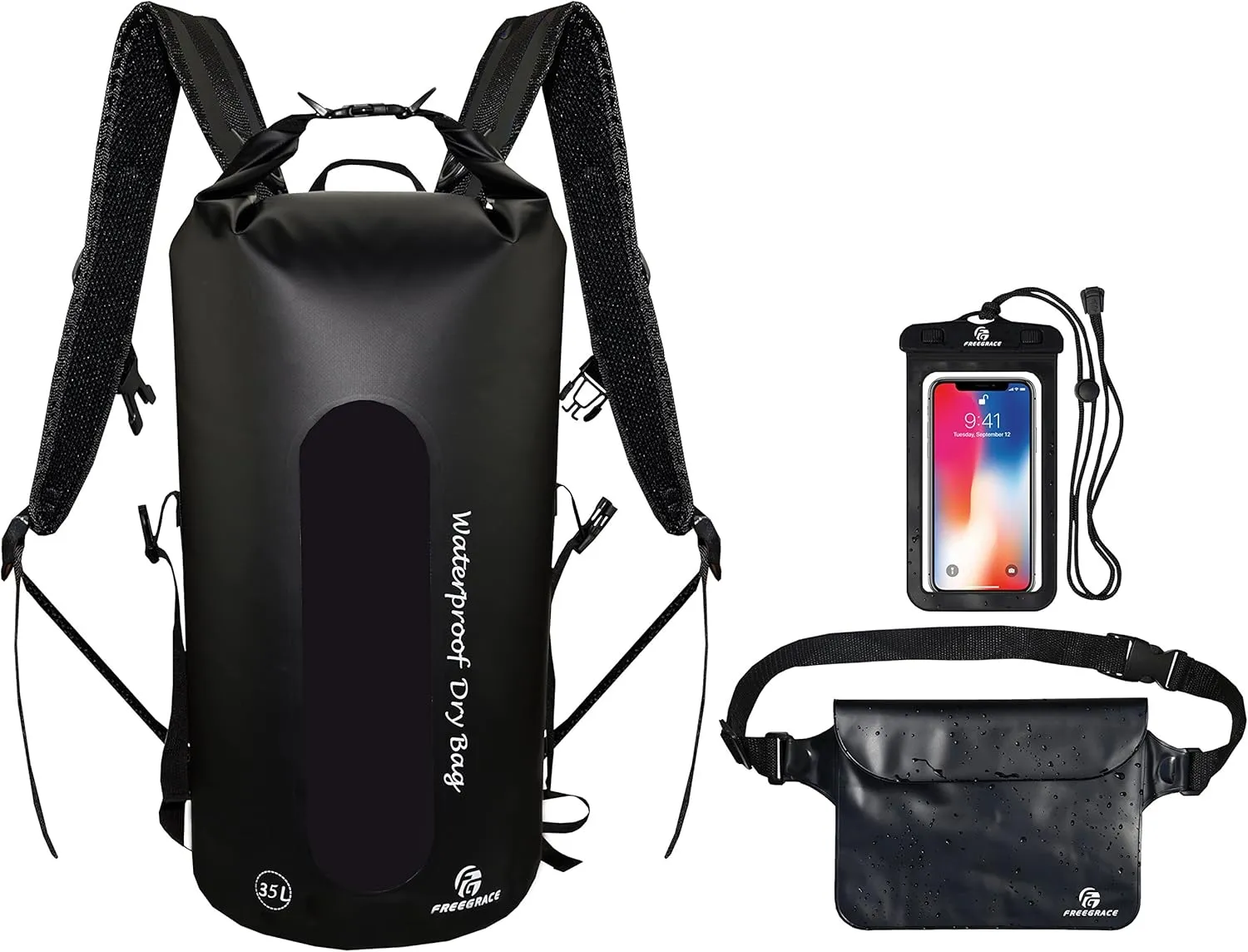 Waterproof Dry Bags Set of 3 - Dry Bag with 2 Zip Lock Seals, Waist Pouch & Phone Case - Can Be Submerged Into Water for Swimming, Kayak, Rafting & Boating (Window, Black, 35L)