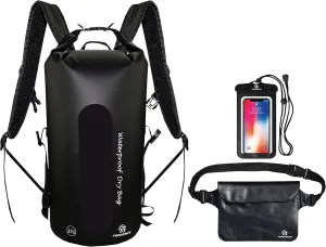 Waterproof Dry Bags Set of 3 - Dry Bag with 2 Zip Lock Seals, Waist Pouch & Phone Case - Can Be Submerged Into Water for Swimming, Kayak, Rafting & Boating (Window, Black, 35L)