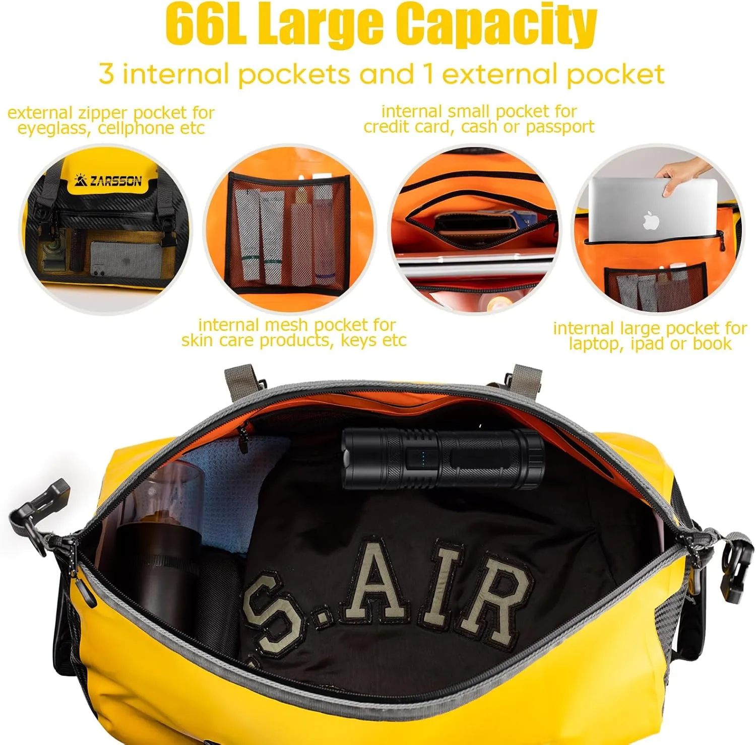 Waterproof Duffel Bag Large Dry Bags Waterproof Motorcycle Dry Bag 40L/66L for Travel Heavy Duty Roll Top with Zippered Pockets & Molle Loops Durable Straps and Handles for Kayaking Camping Boating