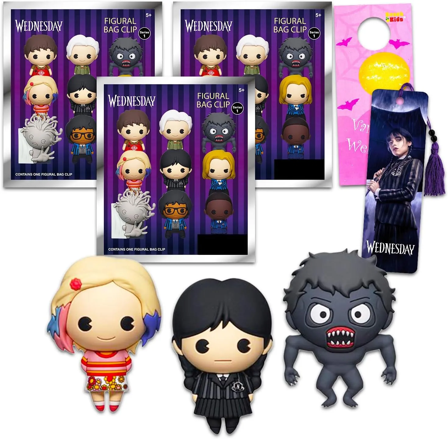 Wednesday Blind Bags Series 2 Set - Bundle with 3 Wednesday Addams Figural Bag Clip Plus Bookmark, More for Kids, Boys, Girls | Wednesday Goodie Bags Pack