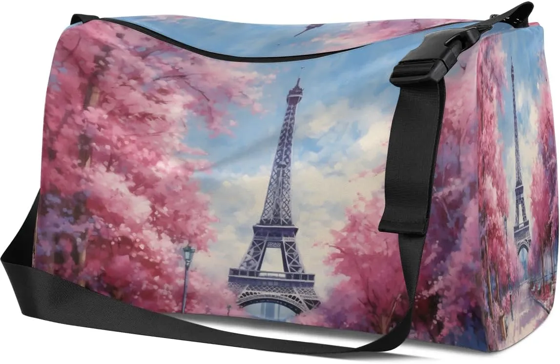 Weekend Bag City Pairs Flower Prints Lightweight Carry On Duffel Bag Waterproof Gym Bag Pu Leather Duffle Bag for Workout Travel Sport