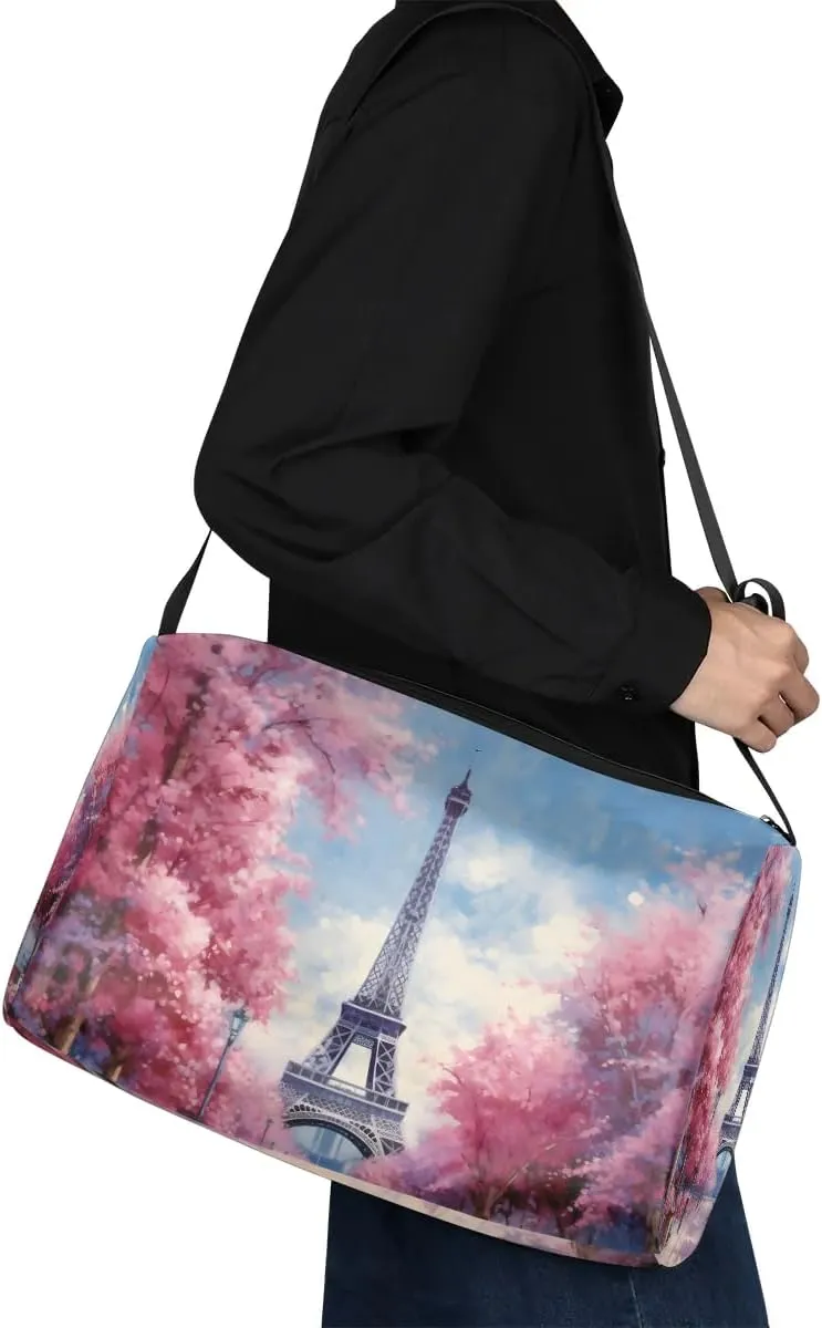 Weekend Bag City Pairs Flower Prints Lightweight Carry On Duffel Bag Waterproof Gym Bag Pu Leather Duffle Bag for Workout Travel Sport